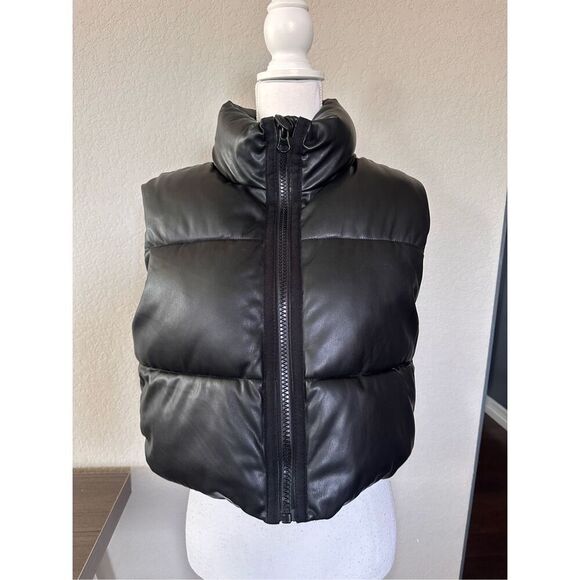 Zara Faux Leather Zip up Black Puffer Vest Medium - Picture 1 of 6